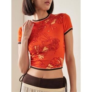 SIEDRES Gran Printed Jersey Crop Top - Orange & Brown Fitted Top Baby Tee sz XS